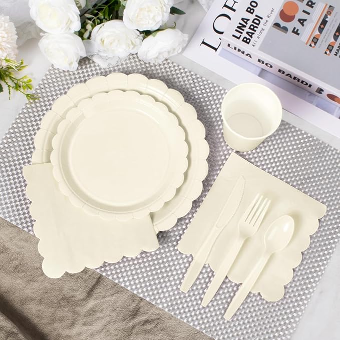 Vyntra 175 Pcs Ivory Disposable Paper Plates and Napkins Set for 25, 9" Dinner Plates & 7" Dessert Plates, Tableware for Wedding, Bridal Shower, Anniversary, Party