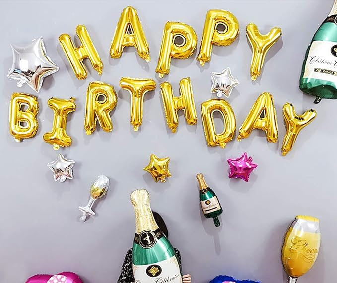 KALOR Gold Happy Birthday Balloons Banner, 16 Inch Mylar Foil Letters Balloon Sign for Birthday Party Decorations Photo Booth Backdrop