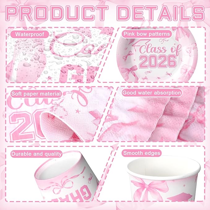 Hsei 250 Pcs Pink Graduation Disposable Plates and Napkins Bow Congrats Grad Disposable Tableware Set for 50 Guests Pink Paper Plates Napkins Cups for Girls Nurses Graduation Party Supplies