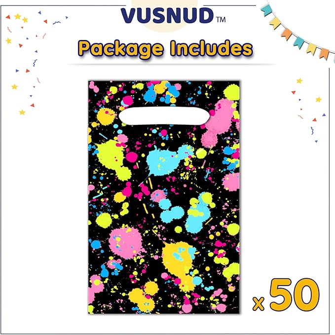 Vusnud 50Pcs Neon Let’s Glow in Dark Candy Goodie Treat Plastic Bags for Birthday Party Decorations