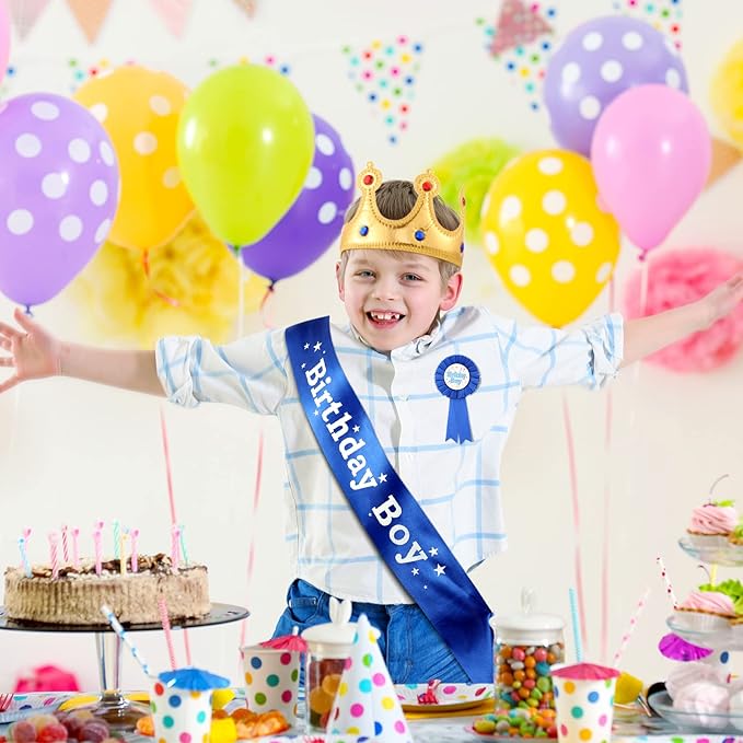 WILLBOND Birthday King Crown, Birthday Sash and Button Pins Party Accessory Set for Boys Kids Party Decorations