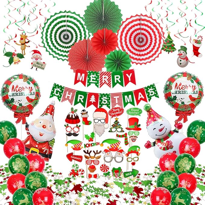 Christmas Party Decorations, Merry Christmas Decorations Supplies, Banner, Hanging Swirls, Paper Fans, Balloon, Photo Booth Props, Confetti, for Holiday Xmas Indoor Outdoor
