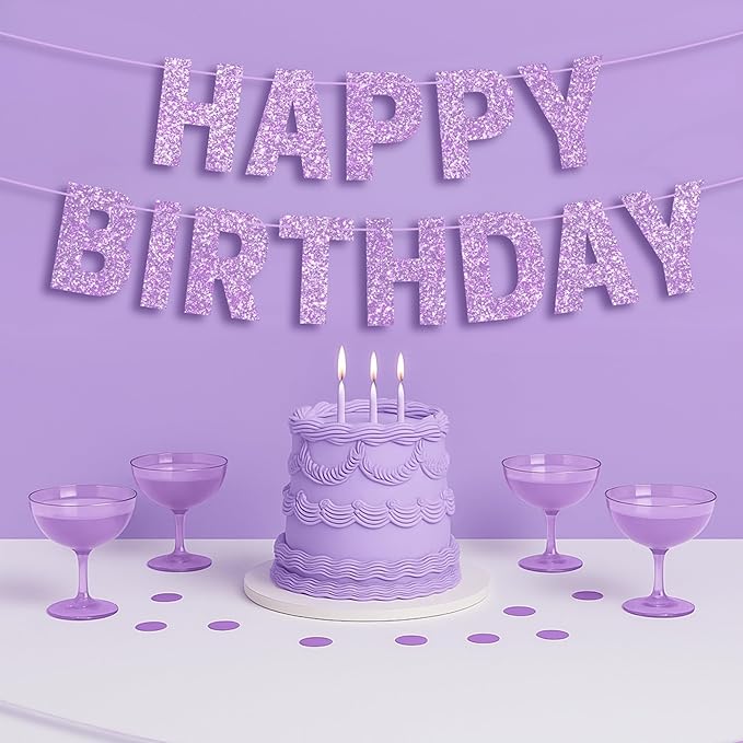 Pre-strung Happy Birthday Banner - No DIY - Purple Glitter Happy Birthday Party Banner for Girls & Women - Pre-strung on 8ft Strands - Light Pastel Purple Bday Party Decorations. Did We Mention No DIY
