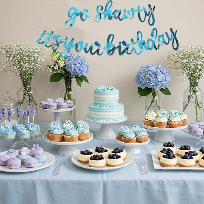 BEISHIDA Go Shawty It's Your Birthday Banner NO DIY Hip Hop Theme Happy Birthday Banner Pre-Strung Rap Theme Happy Birthday Sign for Man Women birthday Party Supply Double-Sided Bright Lake Blue