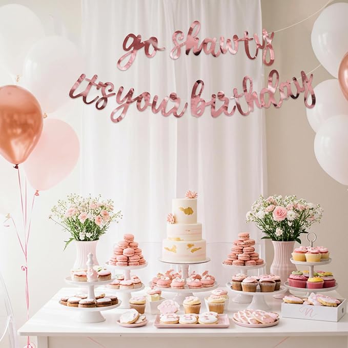 BEISHIDA Go Shawty It's Your Birthday Banner NO DIY Hip Hop Theme Happy Birthday Banner Pre-Strung Rap Theme Happy Birthday Sign for Man Women birthday Party Supply Double-Sided Bright Rose Gold