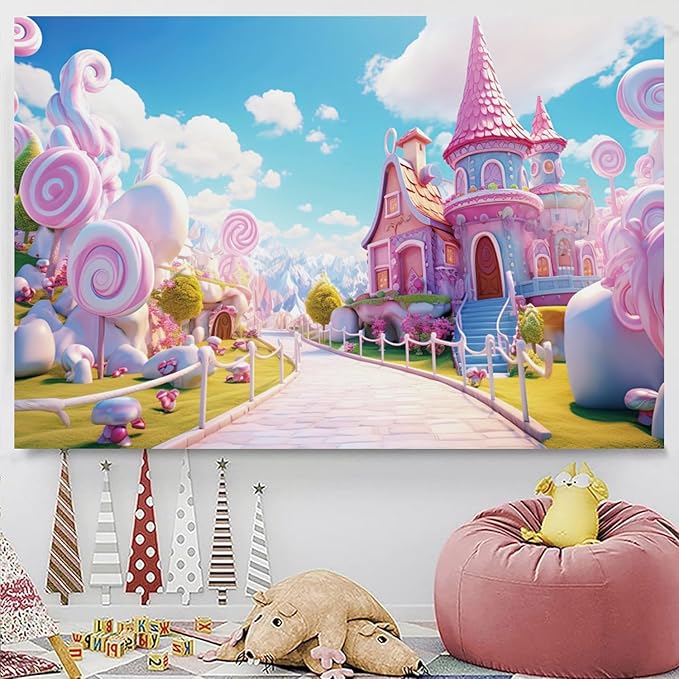 10x6.5ft Candyland Backdrop Pink Sweet Candy Castle Fairy Tale Photography Background for Girls Princess Birthday Baby Shower Party Decorations Kids Portraits Banner Photo Studio Props