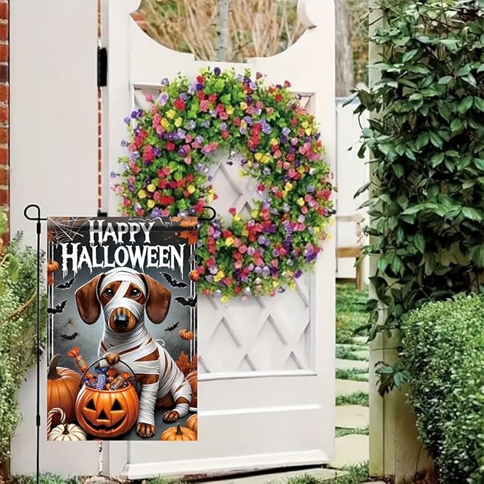 Halloween Garden Flag Dachshund Dog Mummy Pumpkin 12x18 Inch Double SidedOutdoor Yard Banner Trick or Treat Haunted House Spooky Cute Holiday Small Garden DecorationDecor