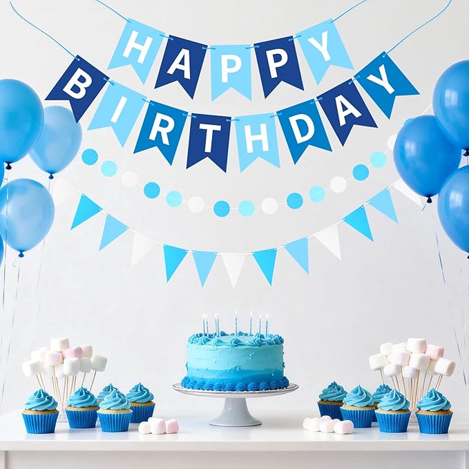 Sky Blue Happy Birthday Banner, Happy Birthday Decorations Hanging Birthday Sign Circle Dot Triangle Bunting for Women Men Girl Boy Party Supplies
