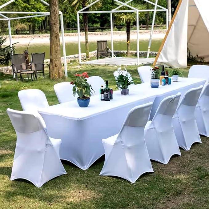 Trlyc 2 Pack 8FT Spandex Table Cloth - 96 x 30 Inch Rectangular Stretch Tablecloth, Wrinkle Resistant Scretch Table Cover for Wedding, Party, Banquet, Picnic, Outdoor Decoration (2Pcs,White)