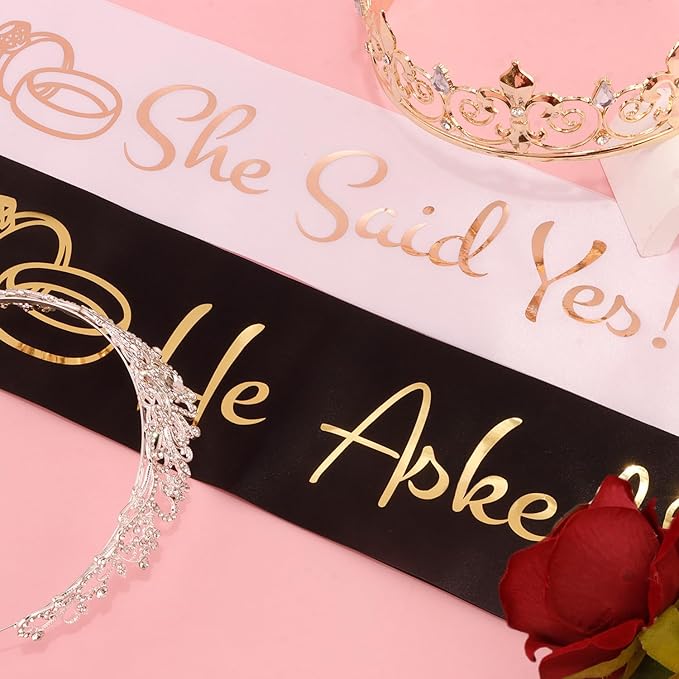 He Asked & She Said Yes Decorations Engagement Party Decorations Crown Sash Set He Asked & She Said Yes Decor Just Engaged Sash Tiara Decorations Engaged Sign for Home Outdoor