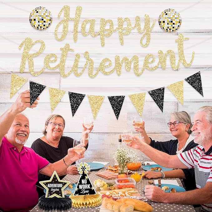 Pre Strung Happy Retirement Banner Party Decorations Gold Black Glitter Sign Bunting for Men & Women NO DIY