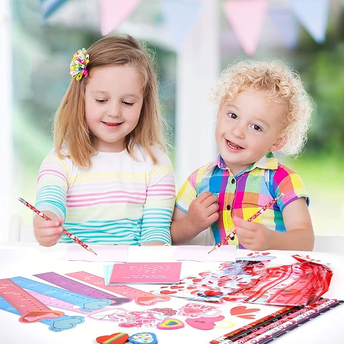 30 Pack Valentines Day Gifts for Kids Classroom Valentines Stationery Set - Valentine Pencils Notepads Rulers Erasers Valentines Treat Bags Party Favors for Kids