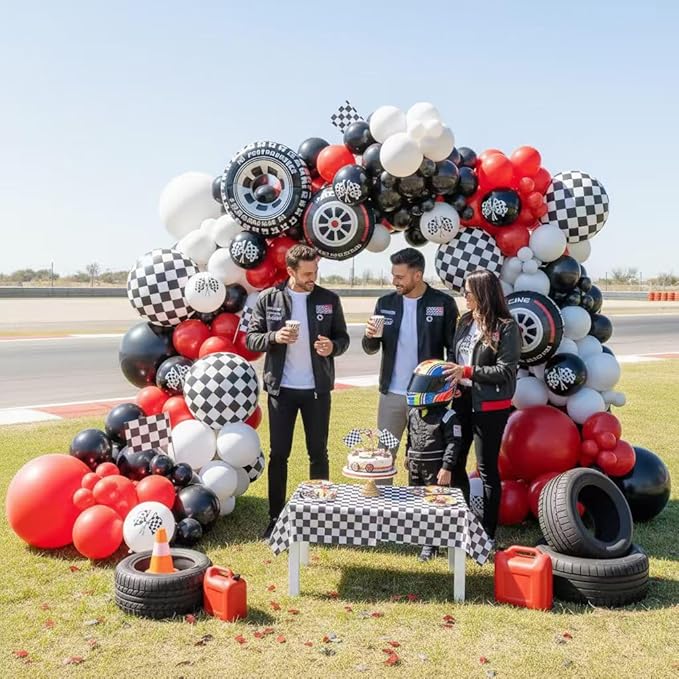 Race Car Balloon Arch Kit -153Pcs Different Size Balloons and Tire Flags Checkered Black Red White Balloon Garland Kit for Racing Car Two Fast 2nd Theme Birthday Anniversary Party Decorations