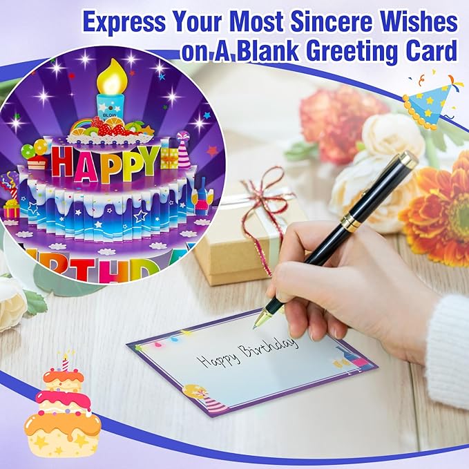FaCraft 3D Pop Up Musical Birthday Cards for Women Men Kids - Large 7x7 Light Up Birthday Card with Music, Blowable LED Candle, 42s Vocal Song & Fiber Optic Stars with Envelope, Blank Insert, Seal