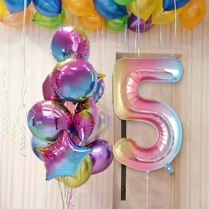Rainbow Gradient Number 5 Balloon, 40 Inch Big Large Foil Number Balloons, Jumbo Mylar Number 5 Balloons for 5 Year Old Birthday Party Decorations Supplies Anniversary Celebration
