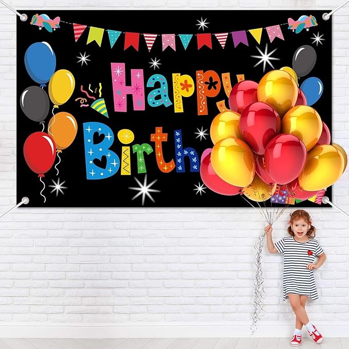 Colorful Happy Birthday Banner Party Decorations Rainbow Backdrop Large Yard Sign Background for Indoor Outdoor Supplies Boys Kids Girls 43 * 71 Inch