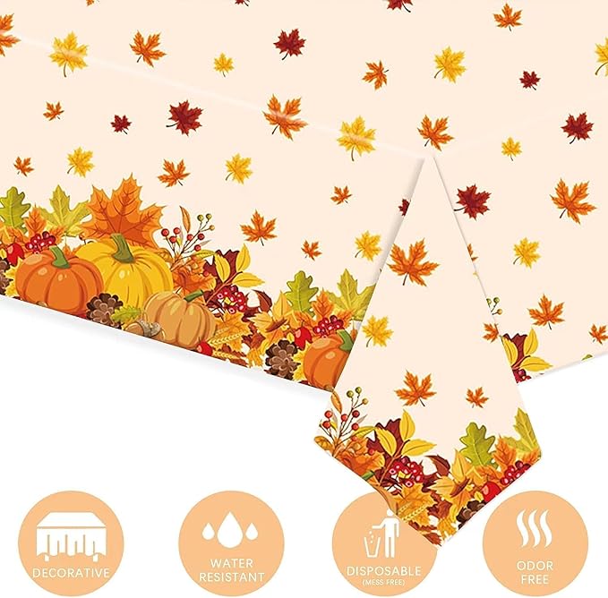 Thanksgiving Disposable Tablecloth, 54 x 108 Inch Rectangle Waterproof Plastic Fall Theme for Harvest Party Table Decoration (Maple 6 Pack)