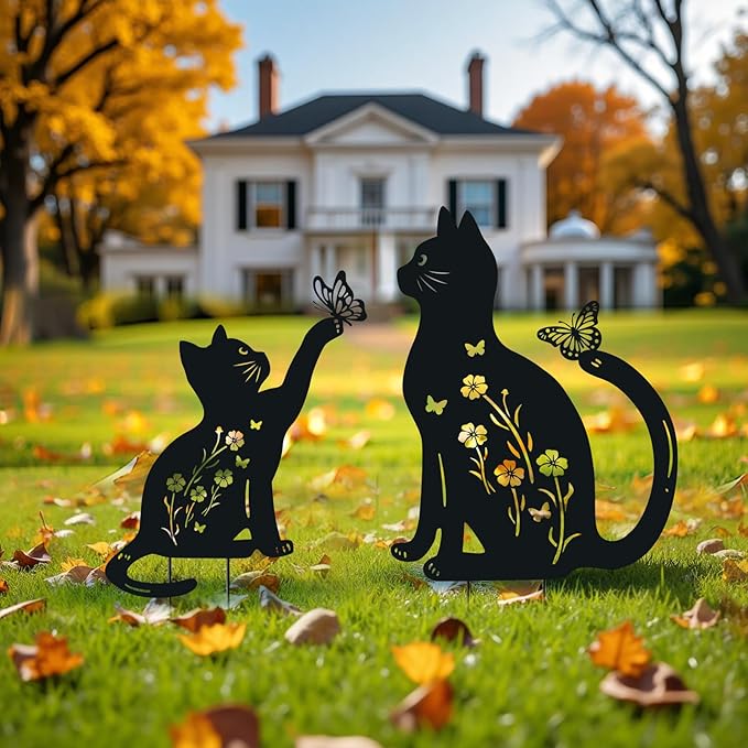 Cat Metal Decorative Garden Stakes,Gifts for Women/Men/Cat Lovers,Black Silhouette Statues Spring Garden Decor for Outdoor, Yard Art, Outside,Patio,Forests,Lawn Ornaments