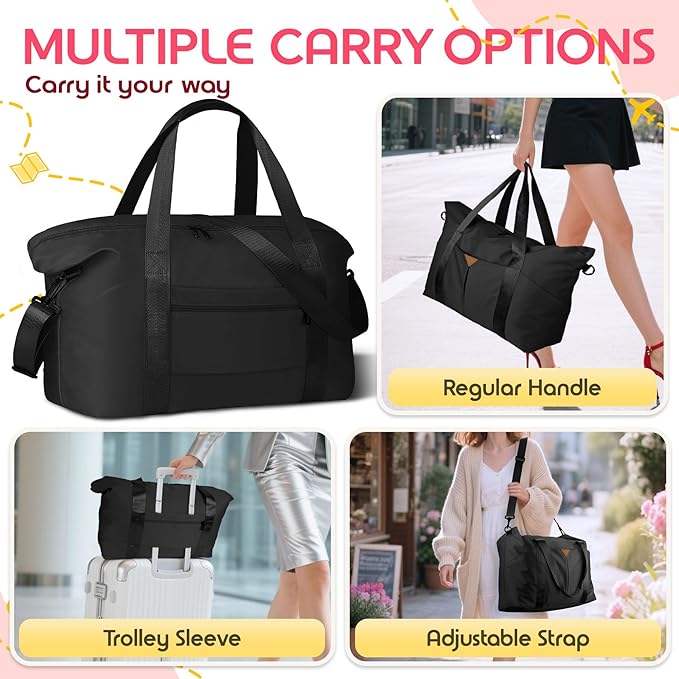 Duffle Bag for Travel, Carry-on Travel Bag with Trolley Sleeve, Sport Gym Bag for Women, Overnight Bag for Men, Hospital Bag for Labor and Delivery (Black)