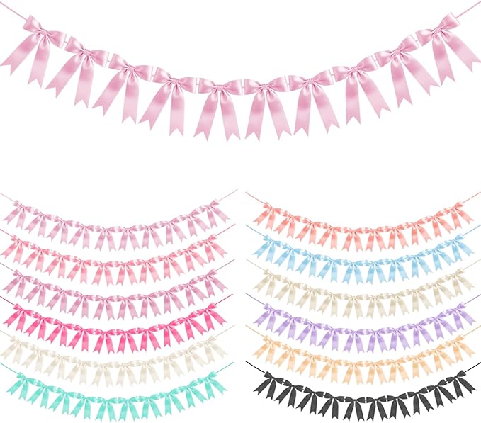 Baby Pink Bow Garland Bow Banner Bow Party Decorations Pre-Strung Large Coquette Satin Ribbon for Birthday Bachelorette Party Bridal Shower Wedding Engagement Baby Shower