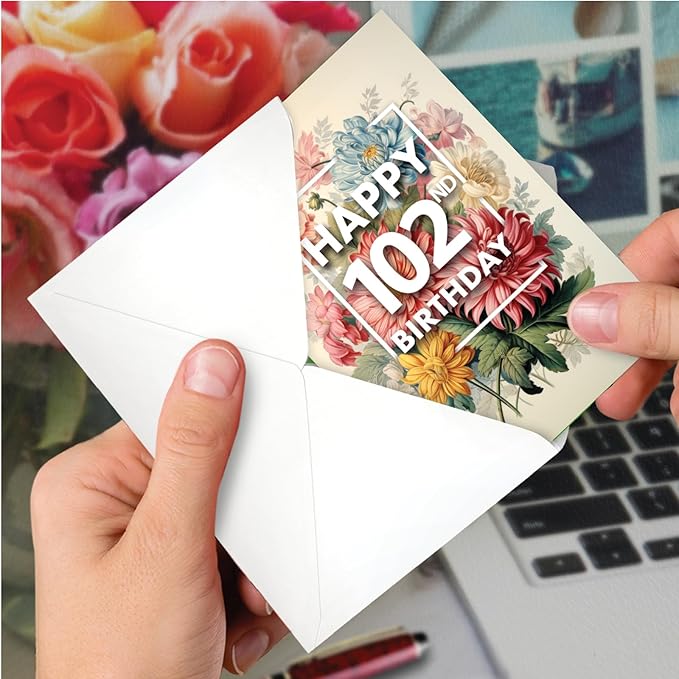 NobleWorks 102th Birthday Milestone Greeting Card with 5 x 7 Inch Envelope (1 Card) Flowers For Milestones - 102 C10580MBG