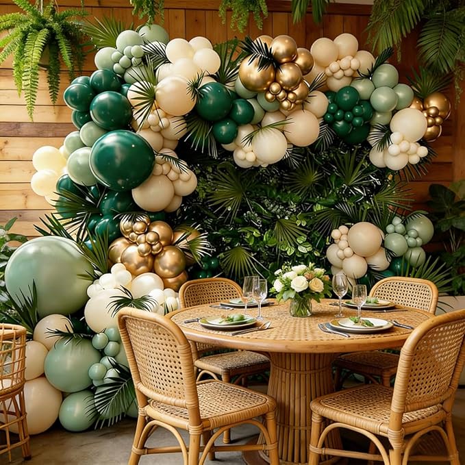 Emerald Green White Gold Balloons Arch Kit, Dark Green Sage Dusty Olive Green Sand White Gold Balloons Garland for Birthday Wedding Jungle Safari Party