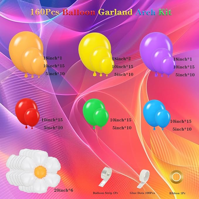 Spring Daisy Flower Balloon Garland Arch Kit 160Pcs Red Orange Yellow Green Blue Purple White Groovy Flower Balloons for Baby Bloom Daisy Floral Two Groovy Wedding Party Decorations