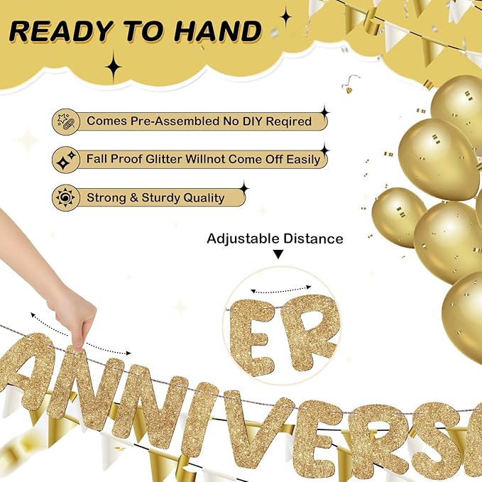Fulmoon Happy Anniversary Banner Glitter Happy Anniversary Decorations Wedding Party Banner Romantic Decorations No DIY Pre-strung for Wedding Party Birthday Door(Champagne Gold)