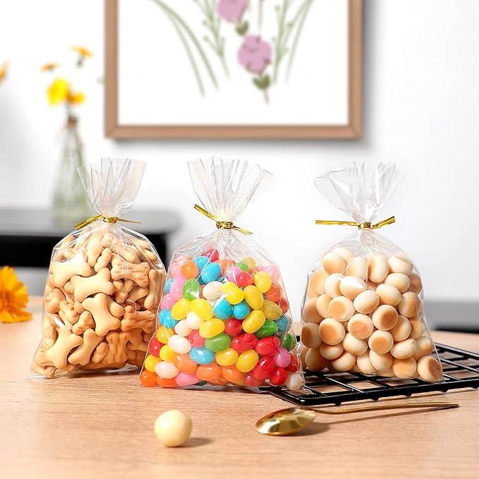 RICEDUO 100-Pack Cellophane Treat Bags with Twist Ties - 4x6 Inch Clear Party Favor Bags for Candy, Cookies, Birthday Goodies, Baby Showers & Holiday Gift Wrapping