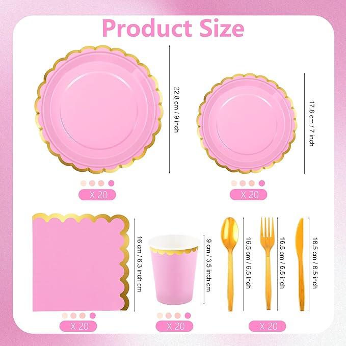 Kochorie 140 PCS Pink Plates and Napkins Party Supplies for 20 Guests Disposable Light Pink Paper Plates Set Includes Pink Scalloped Plates Napkins Cup Cutlery Set for Baby Shower Birthday Wedding