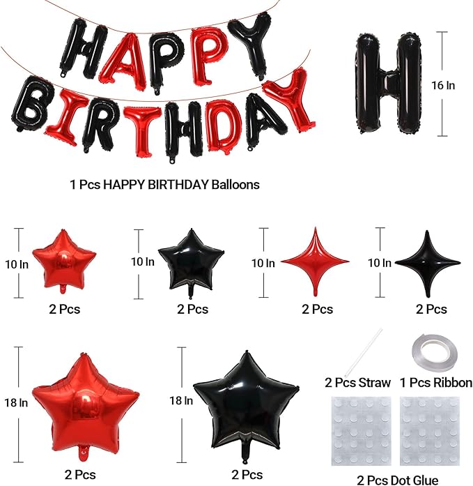 KALOR Black and Red Happy Birthday Balloons Kit with 16 Inch Mylar Foil Letters Balloon and Star Balloons for Birthday Party Decorations Photo Booth Backdrop