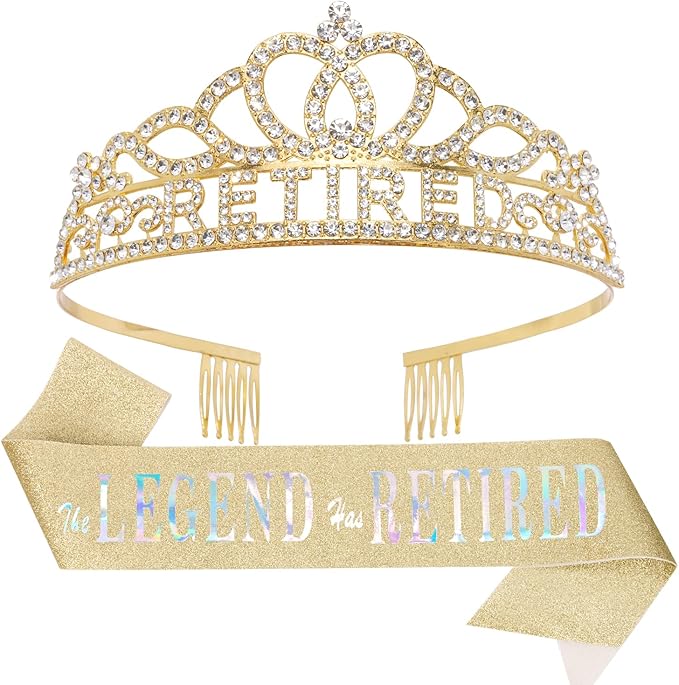 SuPoo Retirement Party Decorations Retired Sash for Women Gold Retired Tiara Crown Rhinestone Headband Retirement Gifts The Legend Has Retired Sash for Both Women and Men Party Supplies Favors
