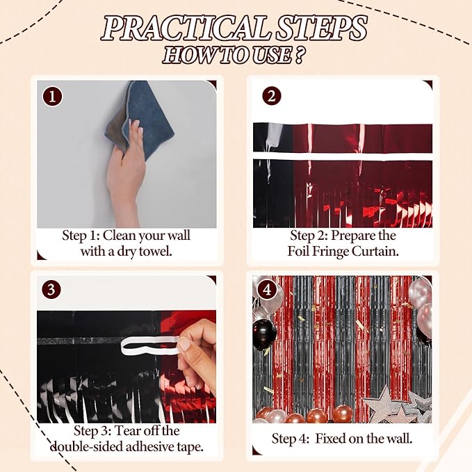 2 Pack Foil Fringe Backdrop - Red&Black Shiny Tinsel Curtains for Party Decoration/Photo Booth Props - 3.3x6.6 FT Metallic Foil Backdrop for Birthday, Wedding, Graduation, Christmas.