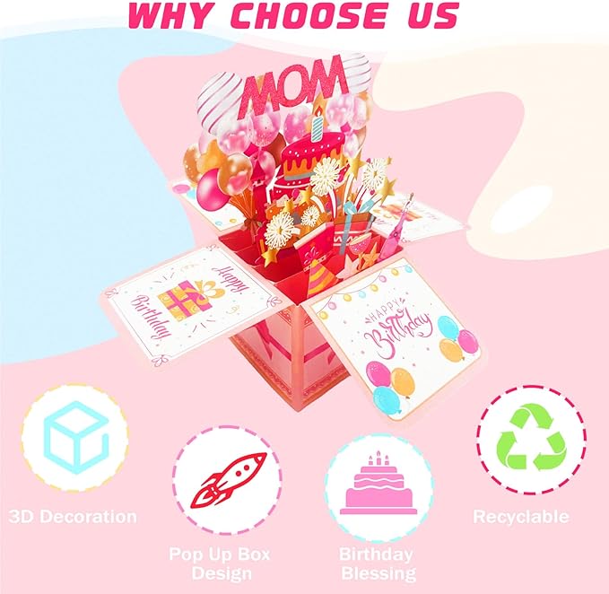 Happy Birthday Mom Card From Daughter Son Kids Funny 3D Pop Up Birthday Gift Card Box For Mom Foldable Celebration Greeting Cards With Envelope For Women Stepmom Godmother