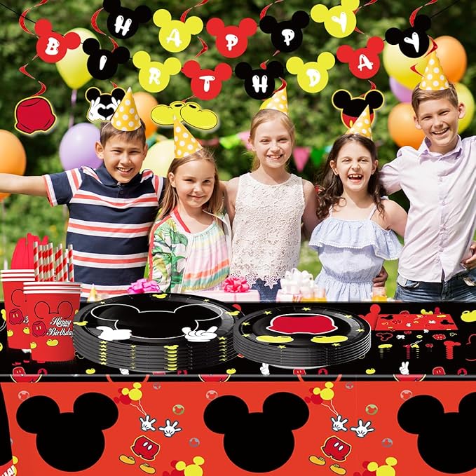 91Pcs Red Mouse Party Supplies Tableware Set, Cartoon Theme Birthday Party Decorations Include Paper Plates, Napkins, Tablecloth, Straws, Cups, Knives, Spoons and Forks (Red)