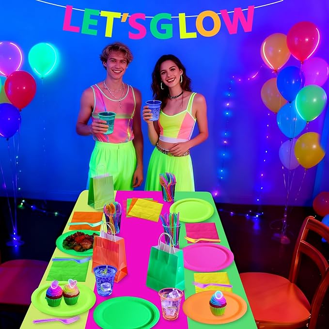 Glow in the Dark Party Supplies, Including Colorful Plates Napkins Tablecloth Banner and Dinnerware for Let's Glow Neon Party Decorations, Serves 20