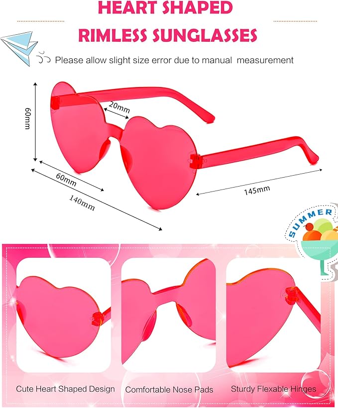 20 Pairs Heart Shaped Sunglasses Bulk, Colorful Rimless Fun Heart Sunglasses for Women Party Favors