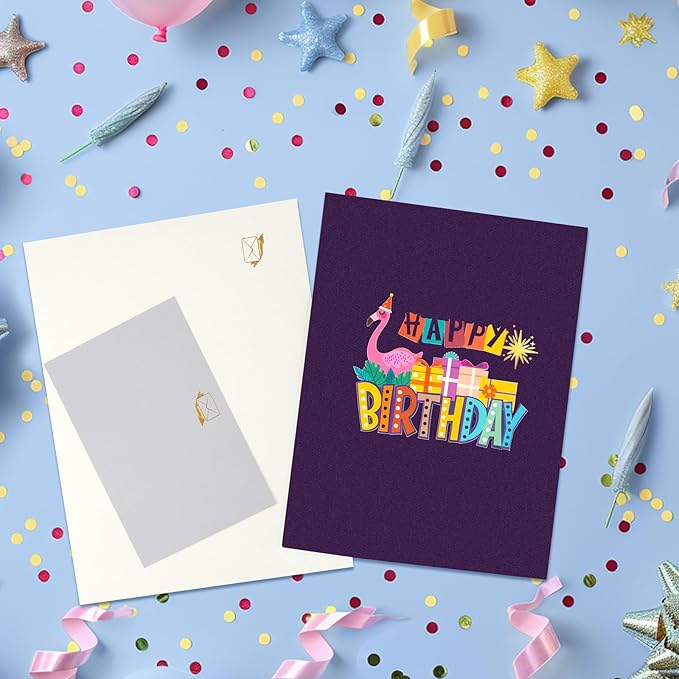 Flamingo Neon Music Playing Pop Up Happy Birthday Greeting Card with LED Light, Love Gift for Adult and Kid with Blank Note & Envelope, Celebration for Daughter, Son, Mom, Dad