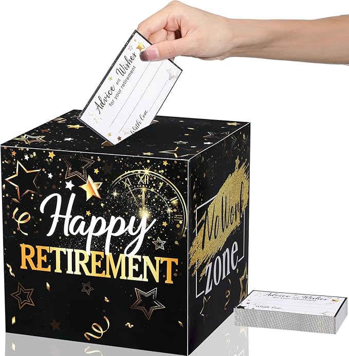 Funrous 51 Pcs Retirement Card Box Advice & Well Wishes Cards for Women Men Happy Retirement Party Decorations Going Away Party Favors(Black and Gold)