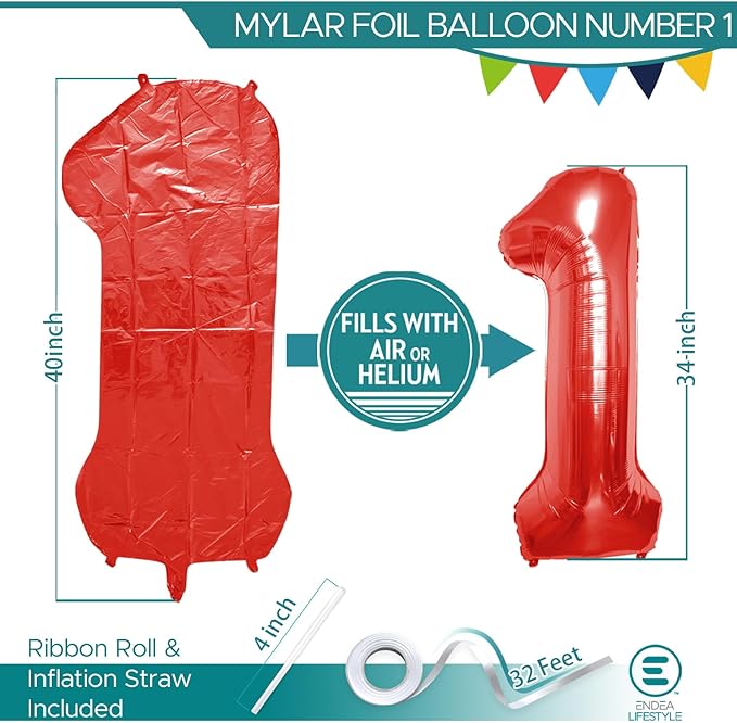 40 Inch Large Red Number Celebration and Decoration Balloon for Birthday Parties, Graduations, Anniversaries, Weddings, Photo Shoots, Special Events - Helium Foil Mylar (Red Number 1)