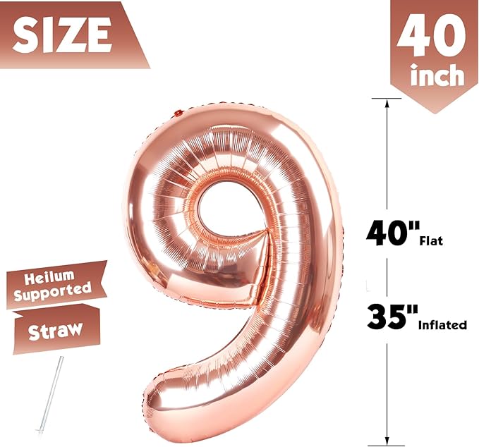40 Inch Rose Gold Number 9 Balloon, Giant 9 Number Balloons for 9th Birthday Decorations, Party Supplies for Baby Boy Girl, Rose Gold Party Decor
