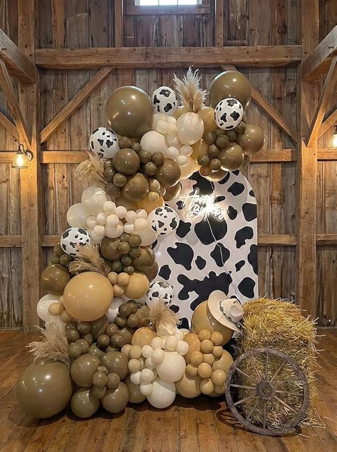 Western Cowboy Balloons Arch Kit - Brown Light Brown Nude Sand White Cow Print Different Size Balloons Garland Kit for Western Cowboy Farm Baby Shower Farm Animal Birthday Party Decorations