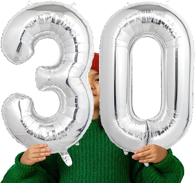 Number Balloons Silver Party Balloon - Giant Number 30 Balloon, 40 Inch Large Balloon for 30th Birthday Decorations, Silver Party Supplies for Anniversary