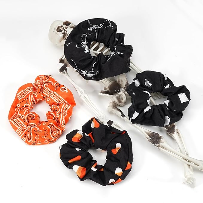 Halloween Hair Scrunchies for Women Girls Ghost Skeleton Candy Skull Hair Ties Fall Orange Bandana Hair Tie Halloween Party Gifts Elastics Scrunchy Hair Accessories