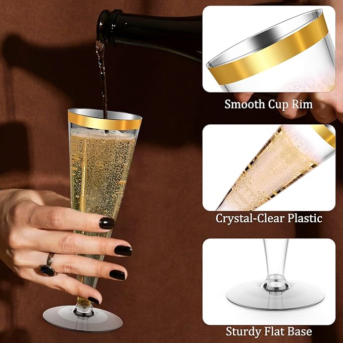 Plastic Champagne Flutes Gold Rim Disposable Wine Glasses - 40 Pack 4.5 Oz Mimosa Glasses Bulk Cocktail Cups for Party Supplies Wedding Bride Bar Women's Day, Copas De Plastico Para Brindis