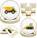 Whaline 96Pcs Construction Party Tableware Dump Truck Paper Plate Napkin Cup Yellow Black Disposable Dinnerware Set for 24 Guests Birthday Party Table Decor