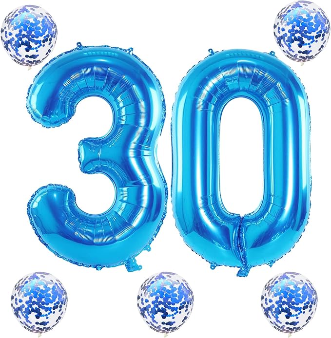 40 Inch Number 30 Foil Balloons, Large Blue 30th Birthday Digital Balloons with Blue Confetti Helium Balloons, Number 0 and 3 Helium Balloons Self Inflating for Men Women Anniversary Party Decorations
