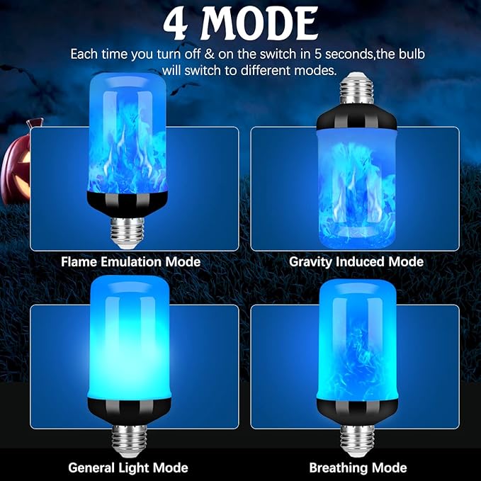 Y- STOP LED Flame Light Bulb, Upgraded 4 Modes Fire Light Bulbs with Upside Down Effect, E26 Base Flickering Light Bulbs for Halloween Decorations, Christmas, Outdoor, Indoor, Home Decor (Blue-4 Pack)