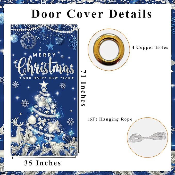 Christmas Party Decorations Large Size Merry Christmas and Happy New Year Door Banner for Xmas Party Decorations, 71x35 Inches (Blue Silver)