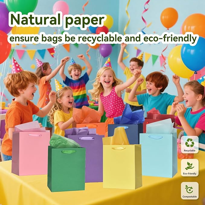 WrapNGo 8 PCS Gift Bags with 16 Tissues 8 Colors Party Favor Bags with Handles 8x5x10 Inch Goodie Bags for Party,Birthday,Baby Shower,Wedding, School Supplies and Gifts